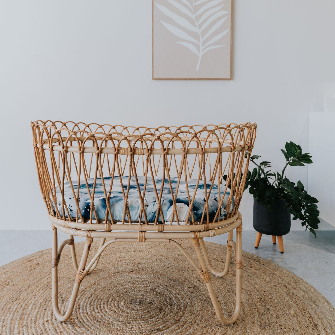 Wicker crib with a plant and framed artwork on a white wall