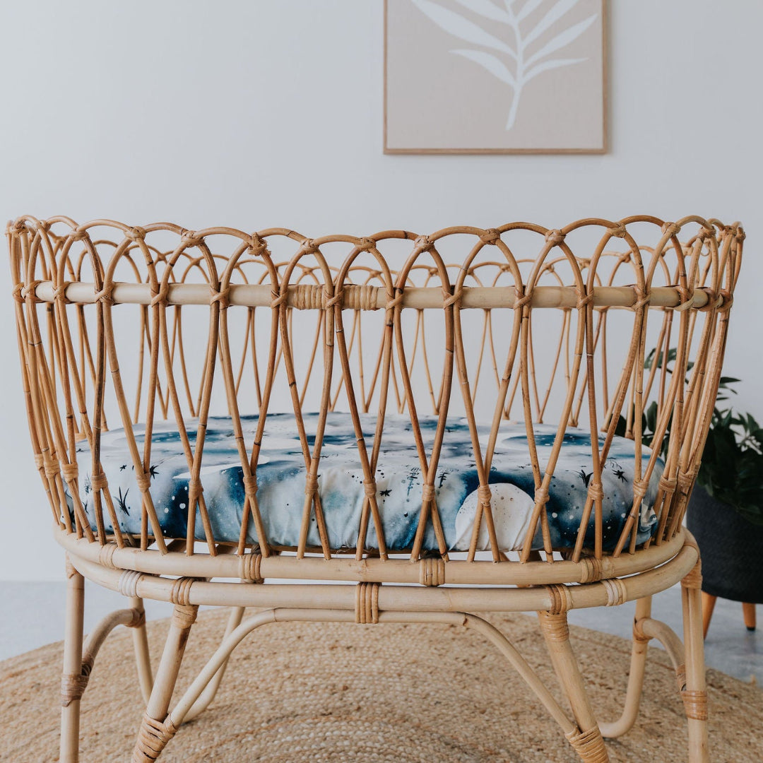 Wicker crib in a room with a plant and framed picture on the wall