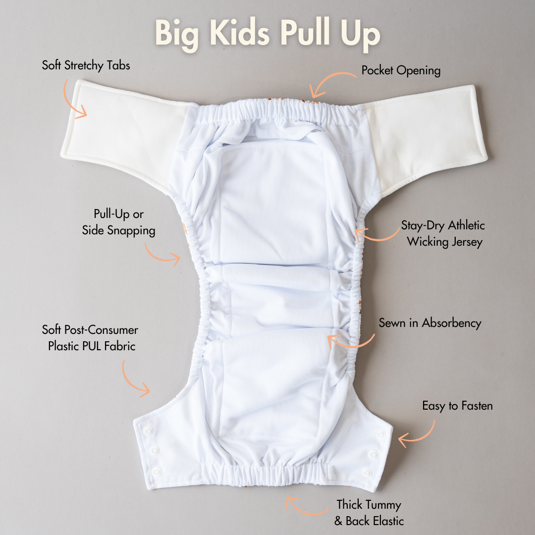 Internal image of the reusable pull up cloth nappy by Cloth Bums called the Big Kids pull up.