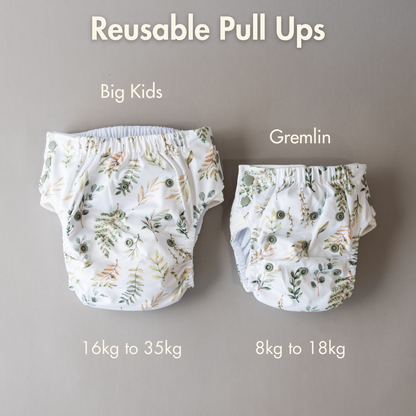 Size comparison between the Big Kids reusable cloth nappy pull up and the gremlin reusable pull up