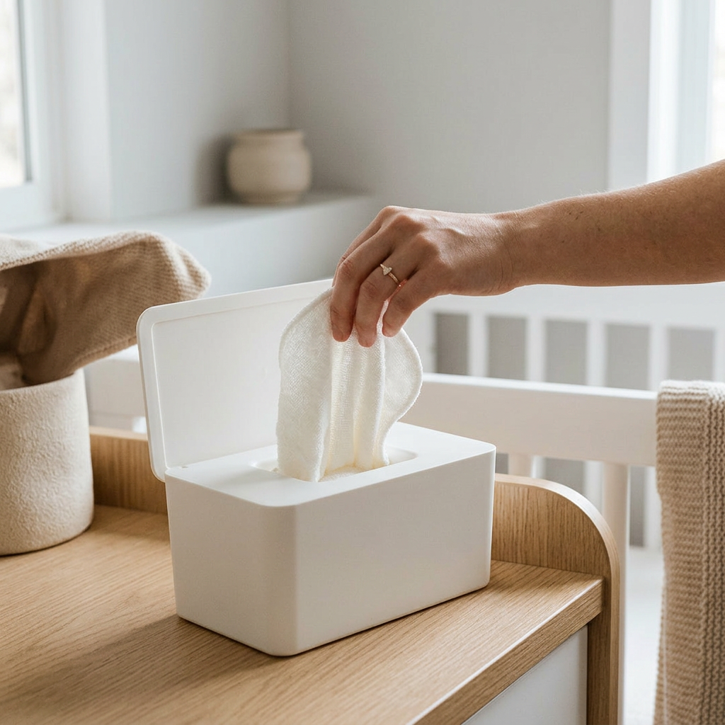 Hand reaching for a tissue from a white tissue box on a wooden surface.