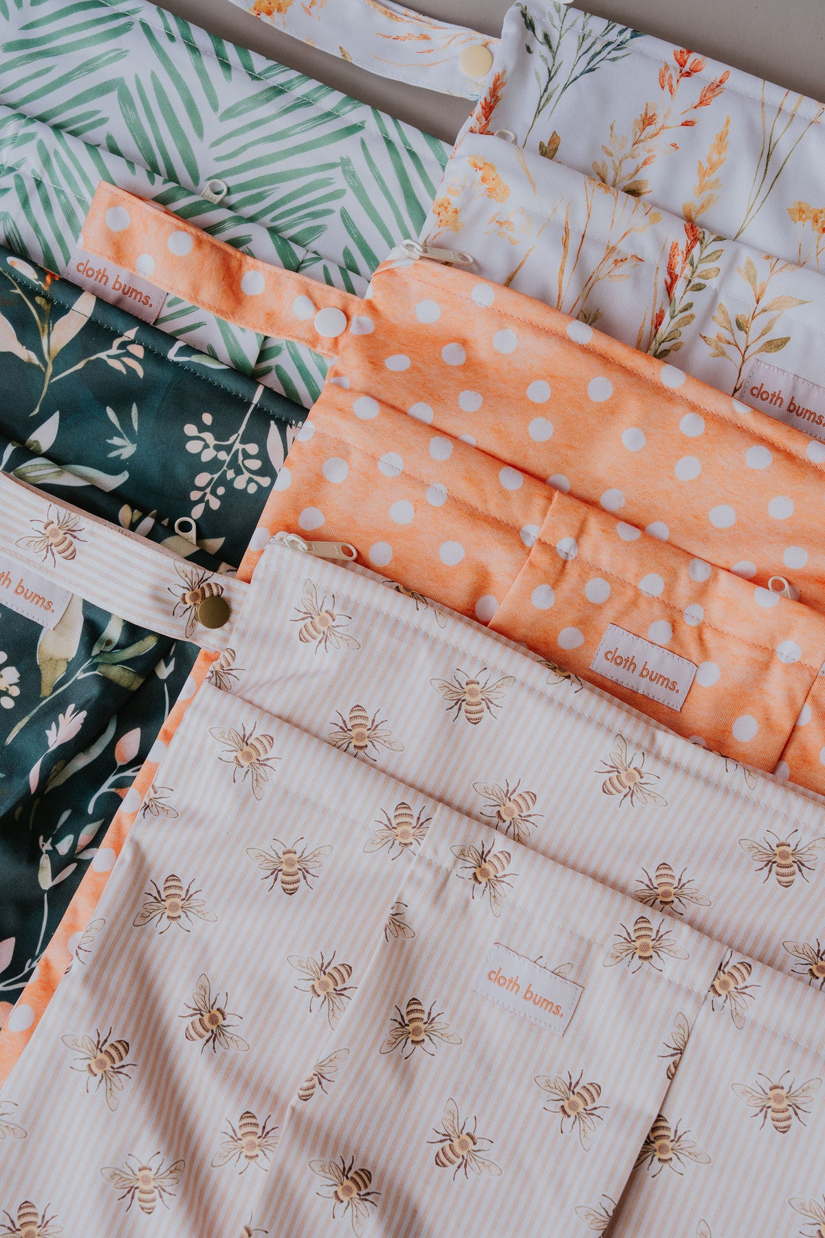 Close-up of large double pocket wet bags in the new prints