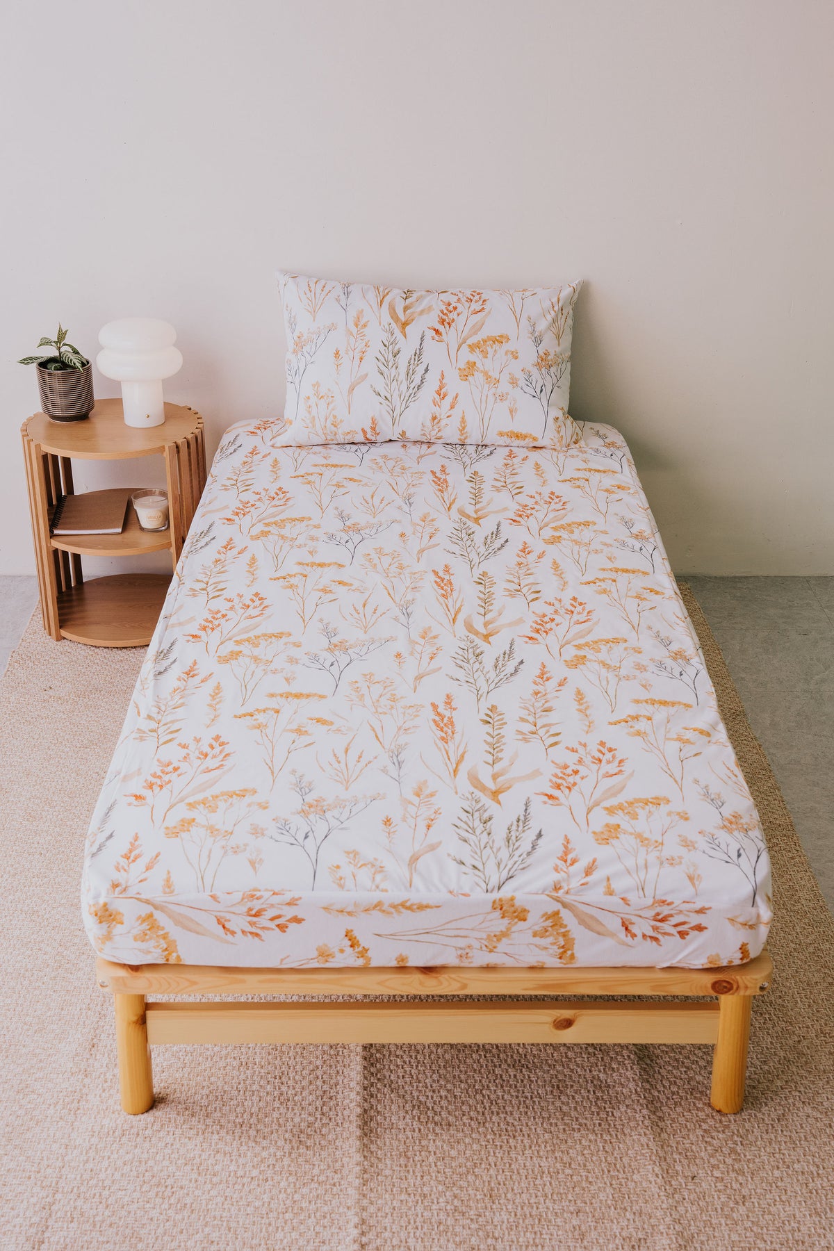 Single bed made up with the Wild Prairie waterproof fitted sheet and pillowcase