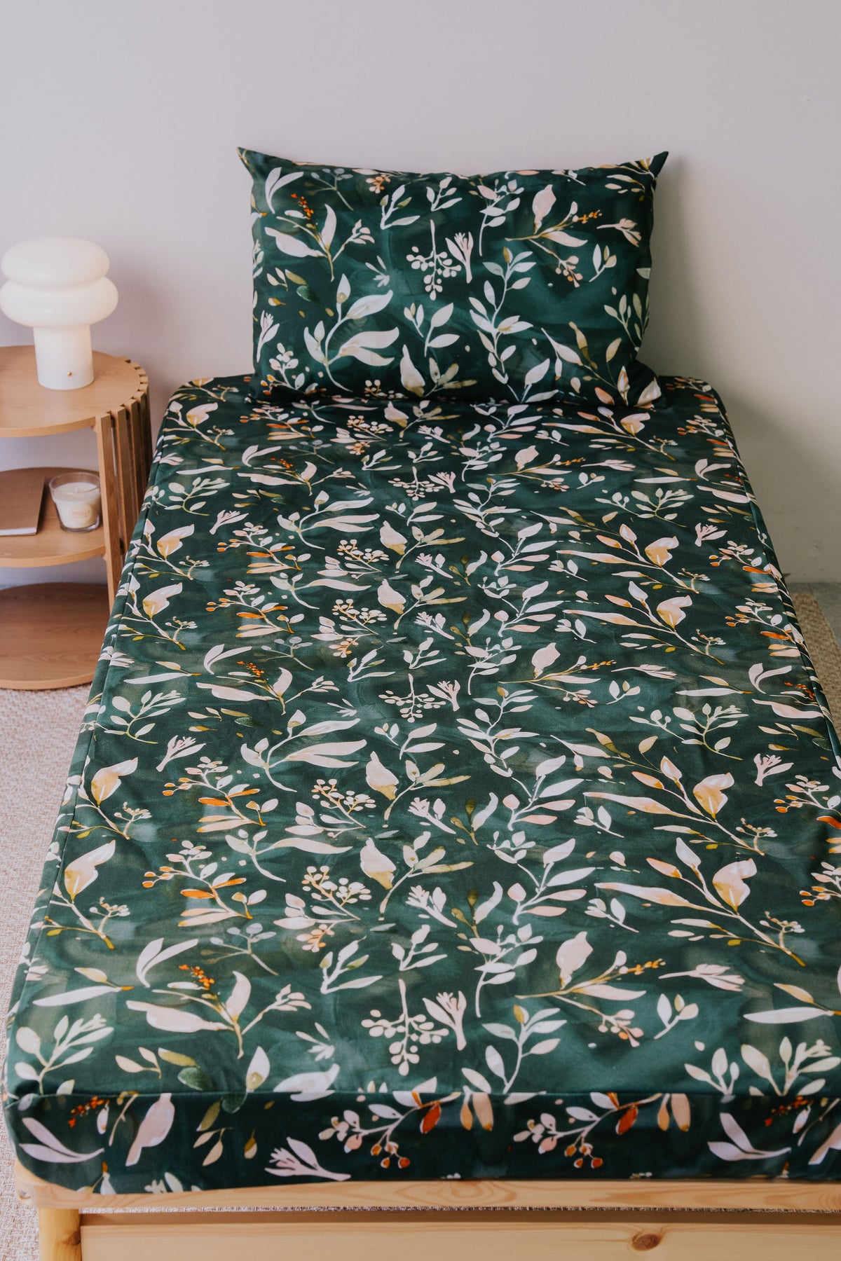 Single bed made up with the Evergreen waterproof fitted sheet and pillowcase