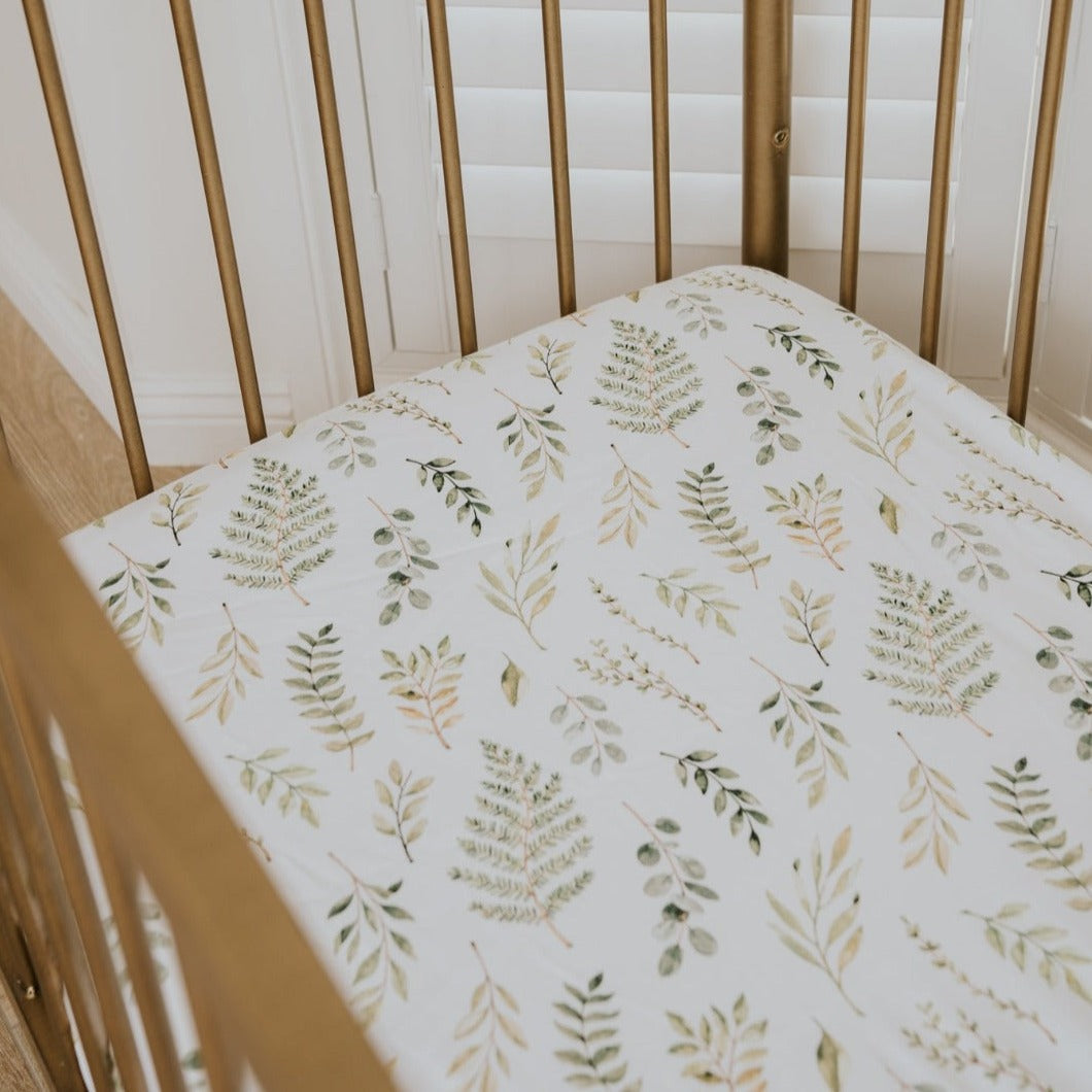 Waterproof Cot Sheet with Leafy Fern print on the sheet