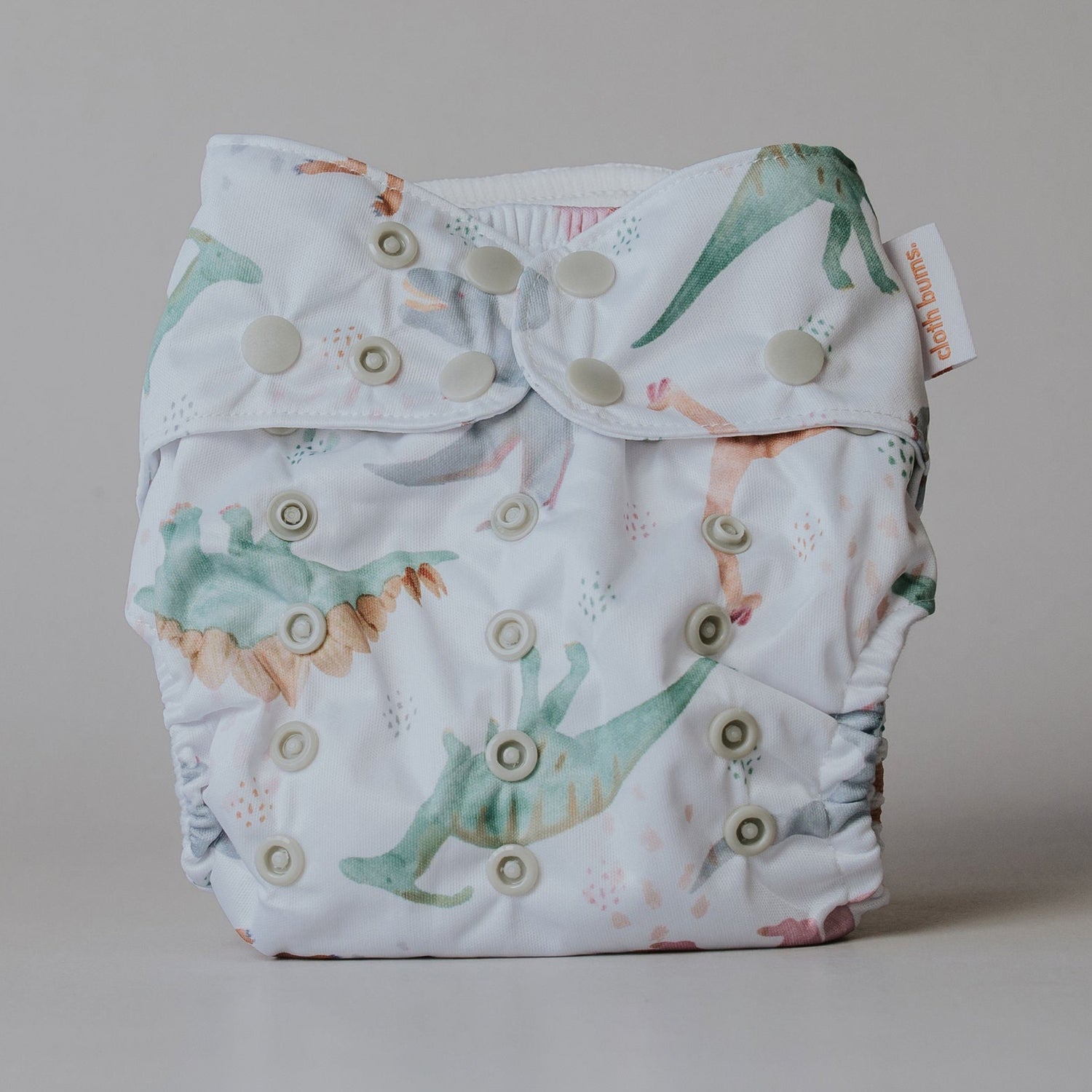 Baby diaper with dinosaur pattern on a plain background