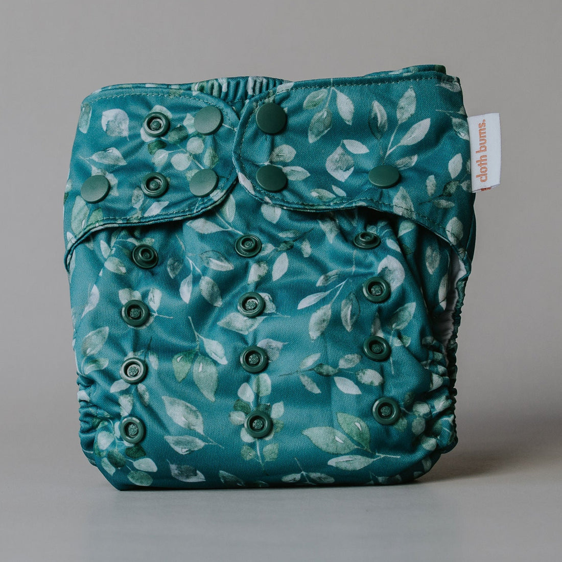 Teal cloth diaper with white leafy pattern on a gray background