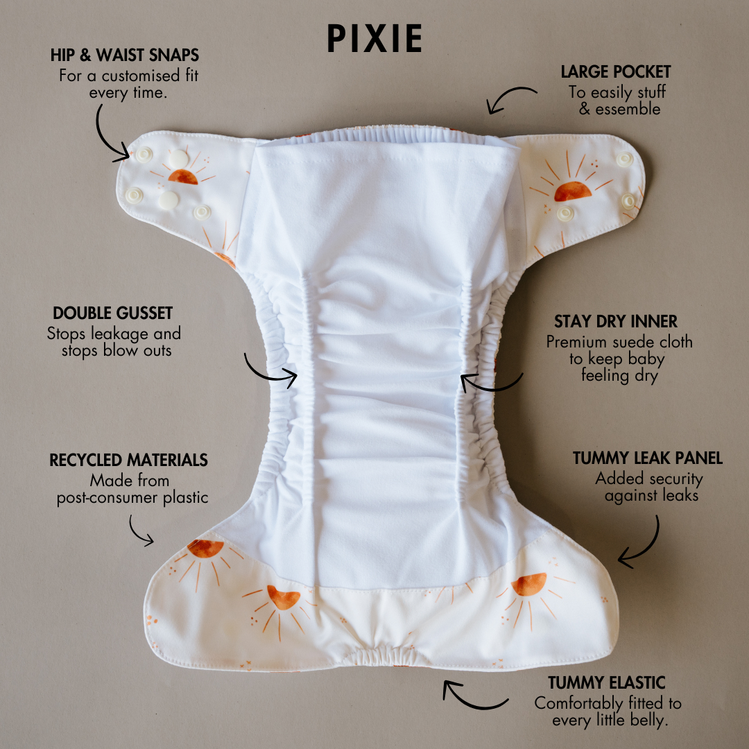 Internal image of the Cloth Bums Pixie reusable cloth nappy showing all the great features