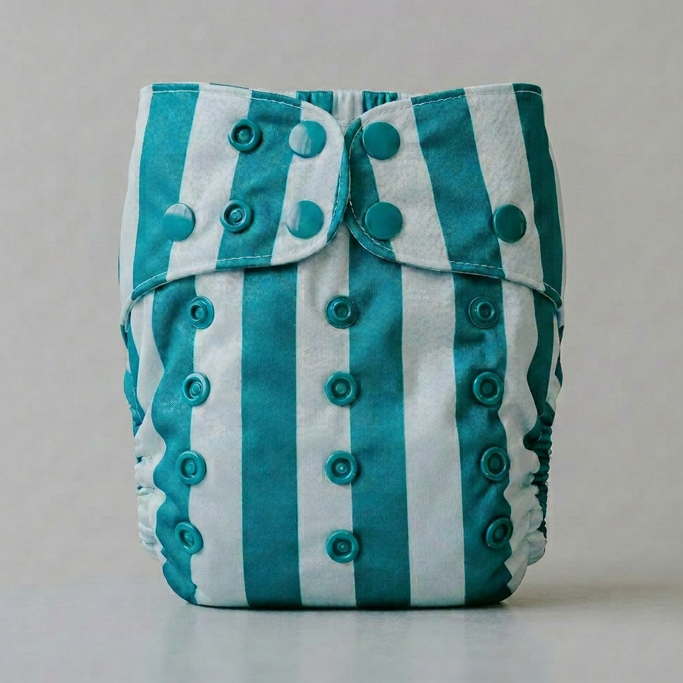 Teal and white striped cloth diaper with button closures on a neutral background