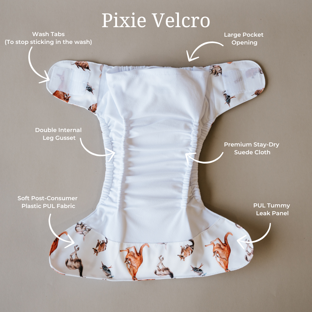 Velcro PIXIE One Size Fits Most Cloth Nappy - Happy Camper