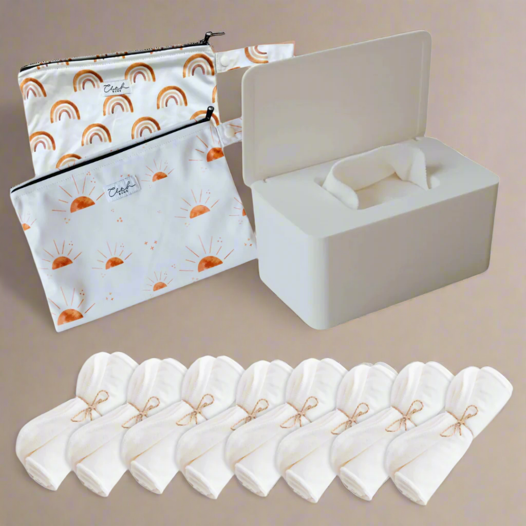 Reusable cloth wipes kit with bamboo wipes,  a reusable plastic container and 2 small wet bags.