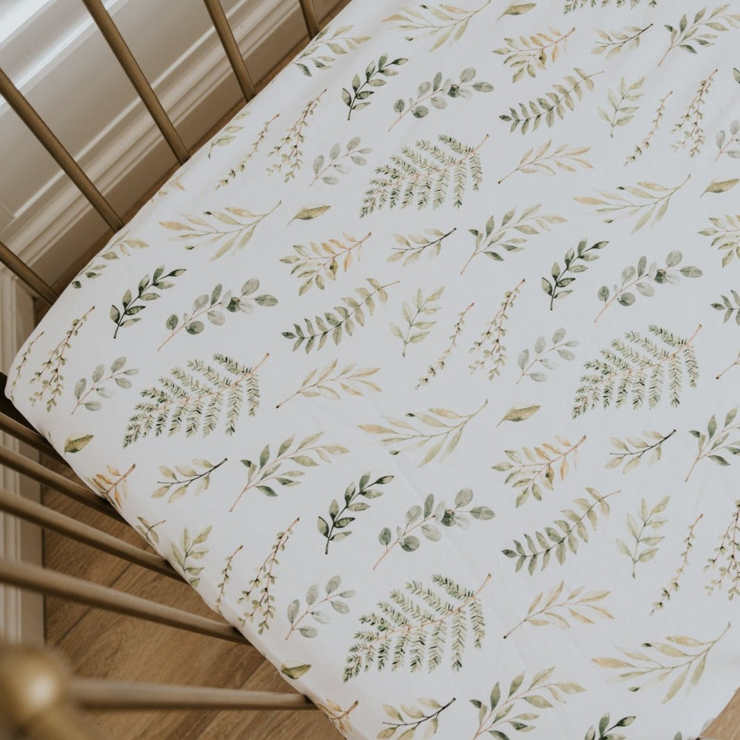 Waterproof Cot Sheet with Leafy Fern print on the sheet
