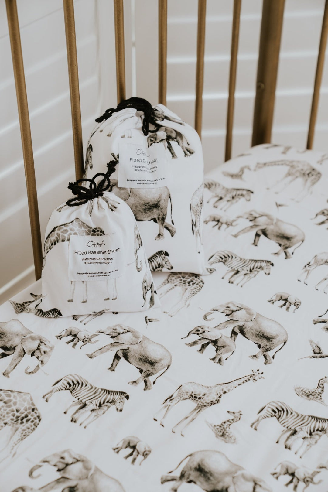 Waterproof Cot Sheet with Monochrome Afrcian Animals Printed on the sheet